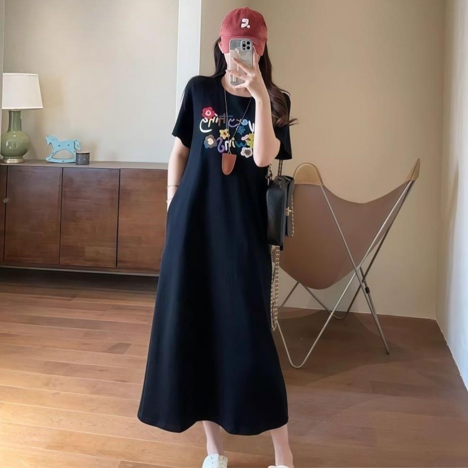 棉重工刺绣女T恤连衣裙短袖夏装新款口袋大码宽松休闲长款裙子