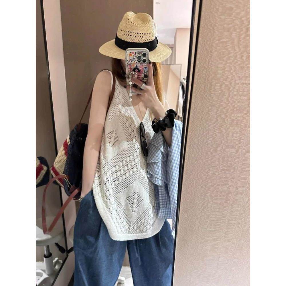 设计感白色镂空透气针织衫女夏外搭无袖吊带背心露肩蕾丝罩衫上衣