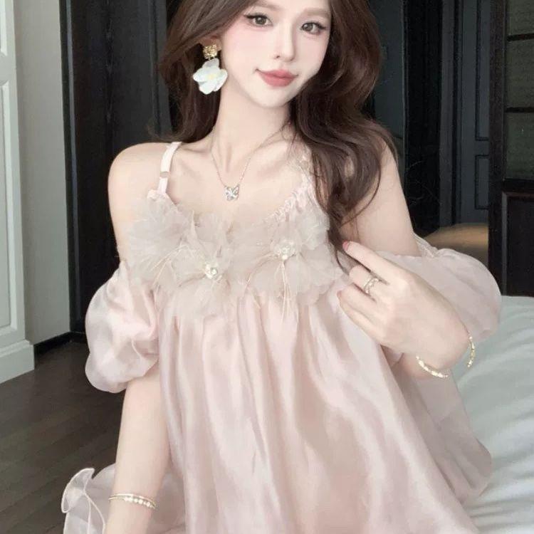 超仙泡泡袖粉色雪纺女夏季纯欲一字肩吊带上衣独特主播上镜服装