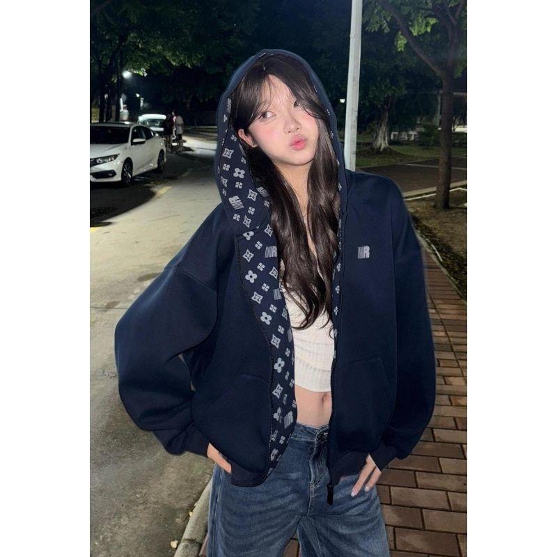美式复古印花拼接设计感连帽卫衣女秋冬新款宽松学院风开衫外套潮
