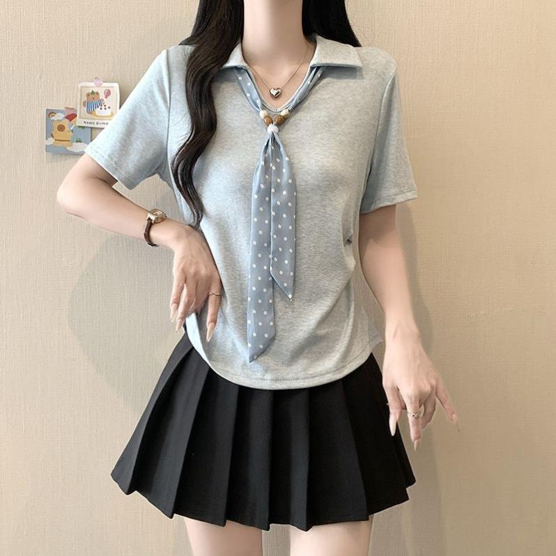 大码韩系绿色波点丝巾V领短袖T恤女夏季胖MM收腰捏褶显瘦遮肉上衣