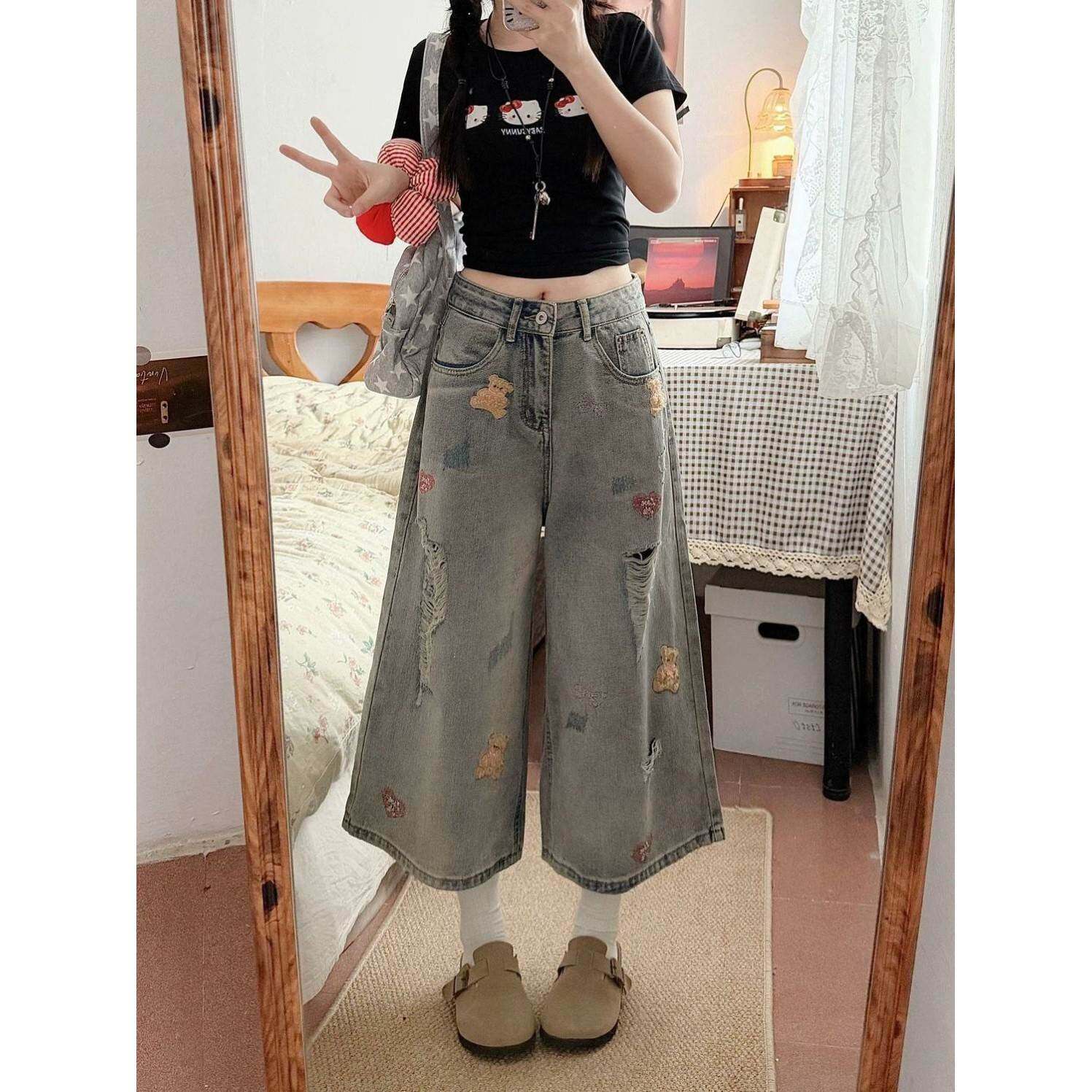水洗复古破洞刺绣七分牛仔裤女2026夏季宽松直筒显瘦高腰阔腿中裤