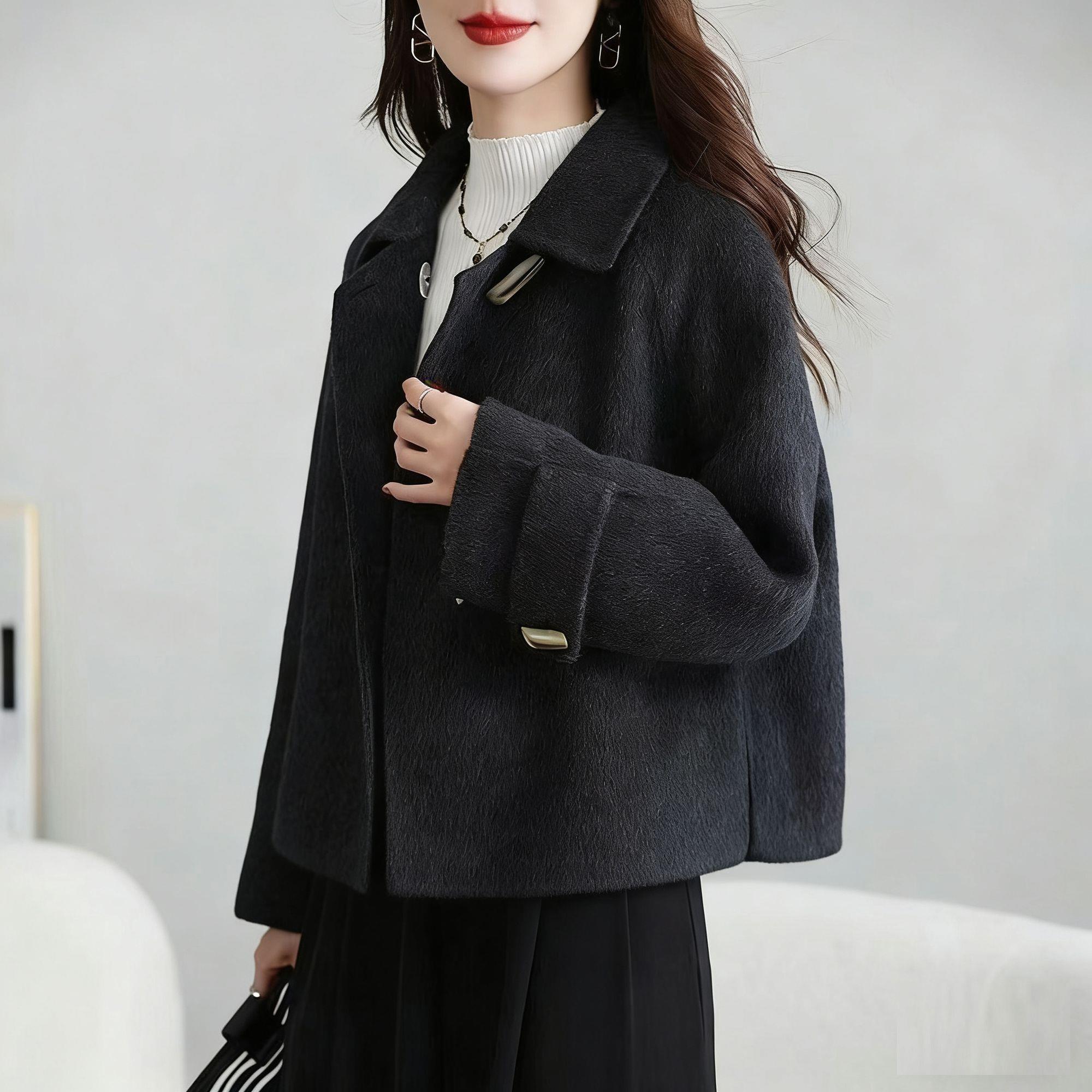 2026新款时尚小个子秋冬牛角呢子韩版双面大衣羊毛短款外套毛呢女
