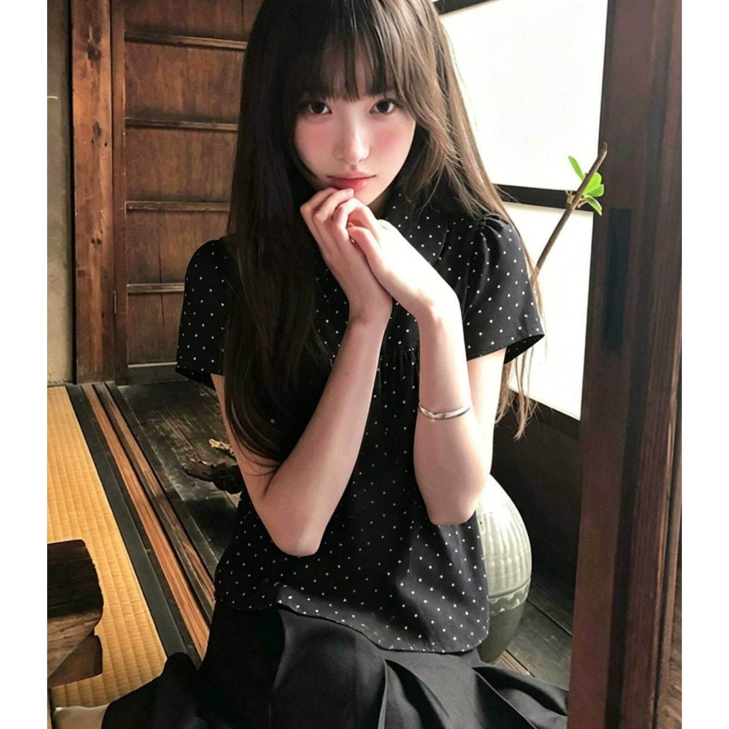 韩系甜美波点娃娃领短袖衬衫女夏季穿搭黑色衬衣小衫宽松显瘦上衣