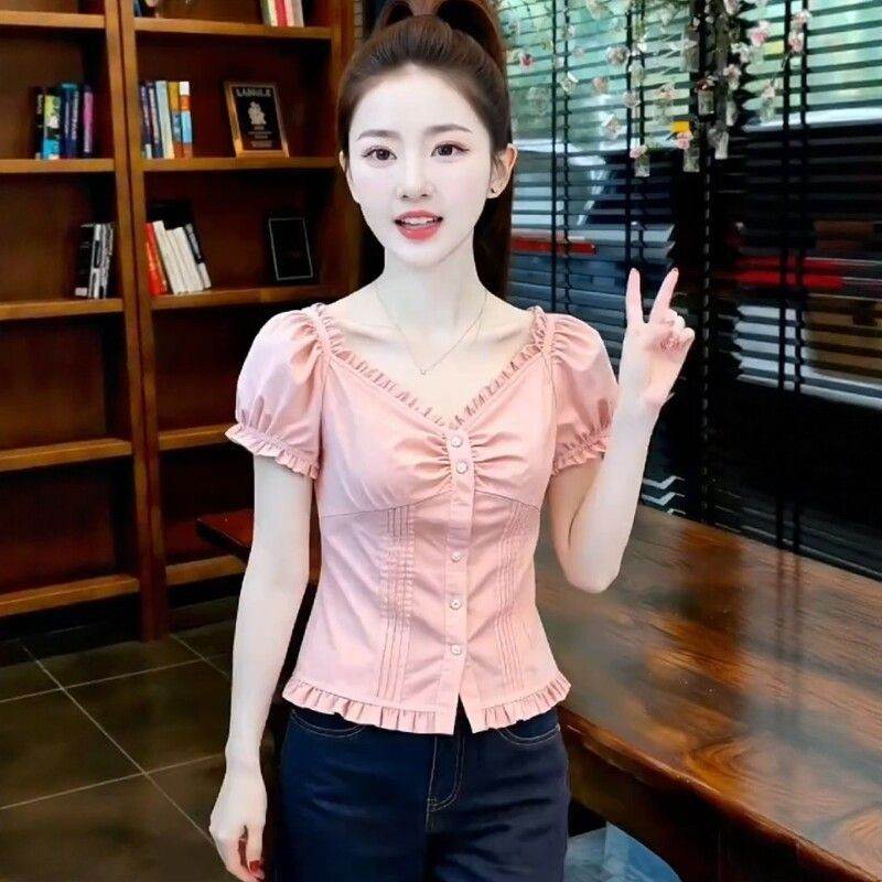 粉色气质泡泡袖修身衬衫女装2026夏季新款辣妹休闲减龄少女感上衣