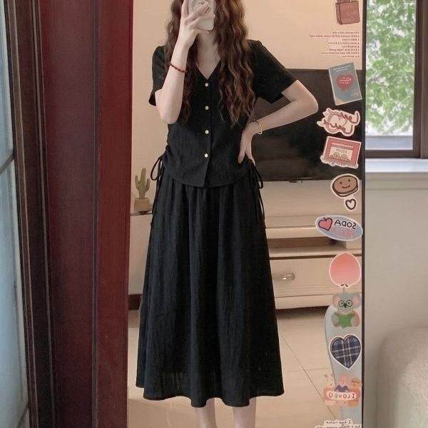 大码女装胖mm巨显瘦黑色套装裙2026超火夏装一整套穿搭遮肉两件套