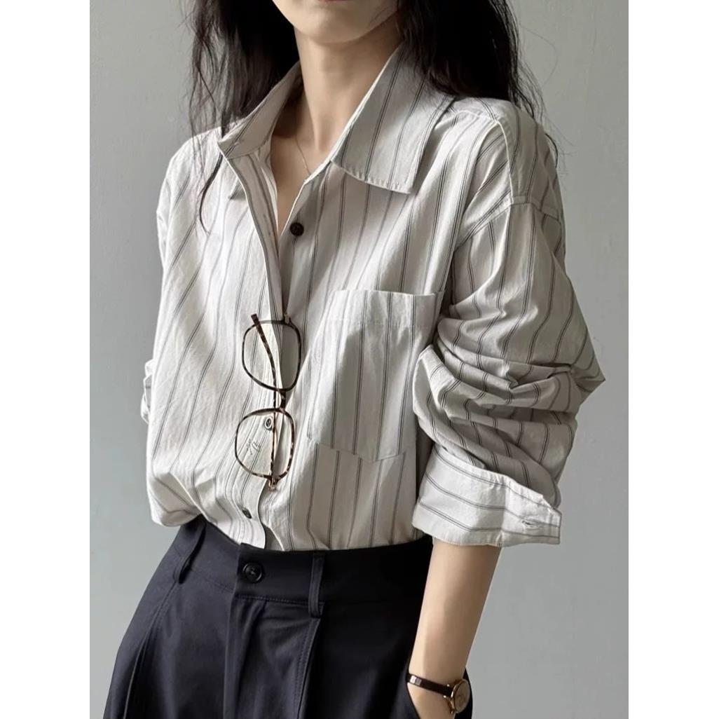 条纹衬衫女长袖棉春秋韩系休闲BF风宽松显瘦复古法式高级感上衣