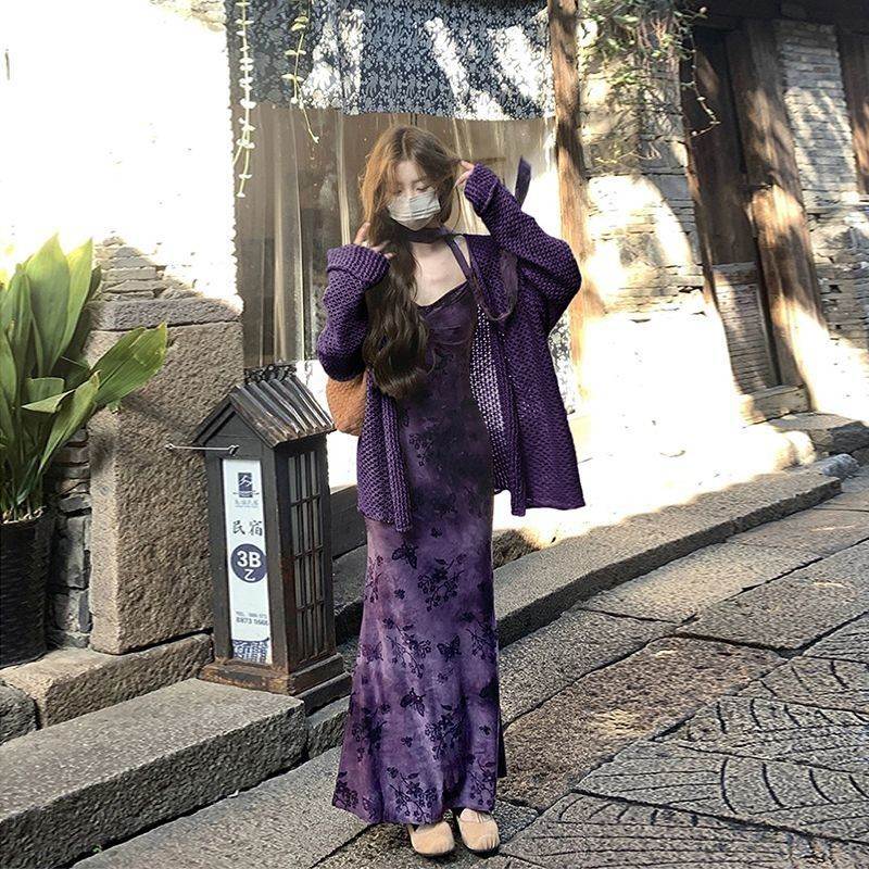 设计感镂空长袖针织开衫春季植绒百搭鱼尾吊带连衣裙气质两件套装