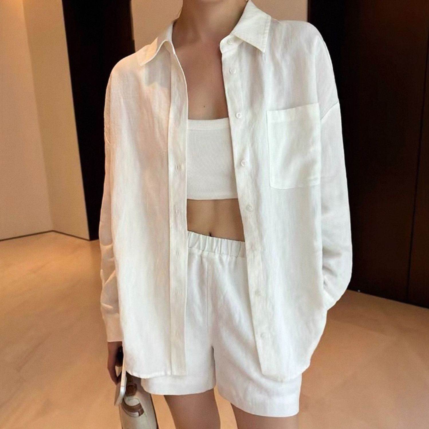 巨显白藏青色亚麻衬衫套装女夏季慵懒度假风棉麻防晒衣长裤两件套