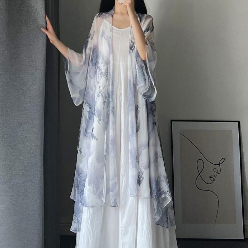 国风水墨画印花雪纺开衫女夏季中长款宽松五分袖薄披肩防晒衫外搭