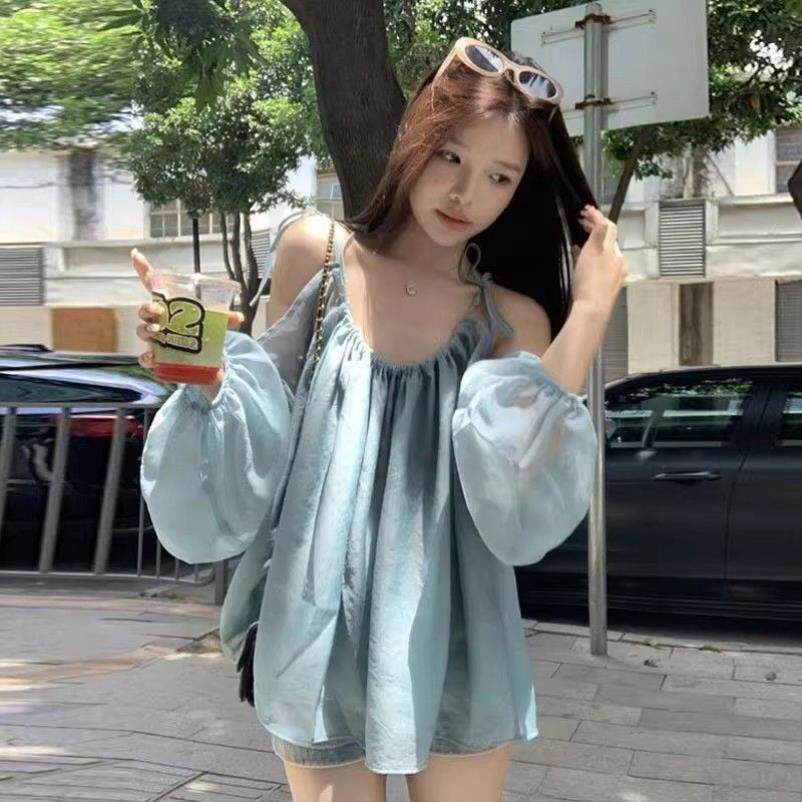 吊带上衣夏季外穿女春夏新款设计感小众宽松休闲蓝色雪纺露肩上衣