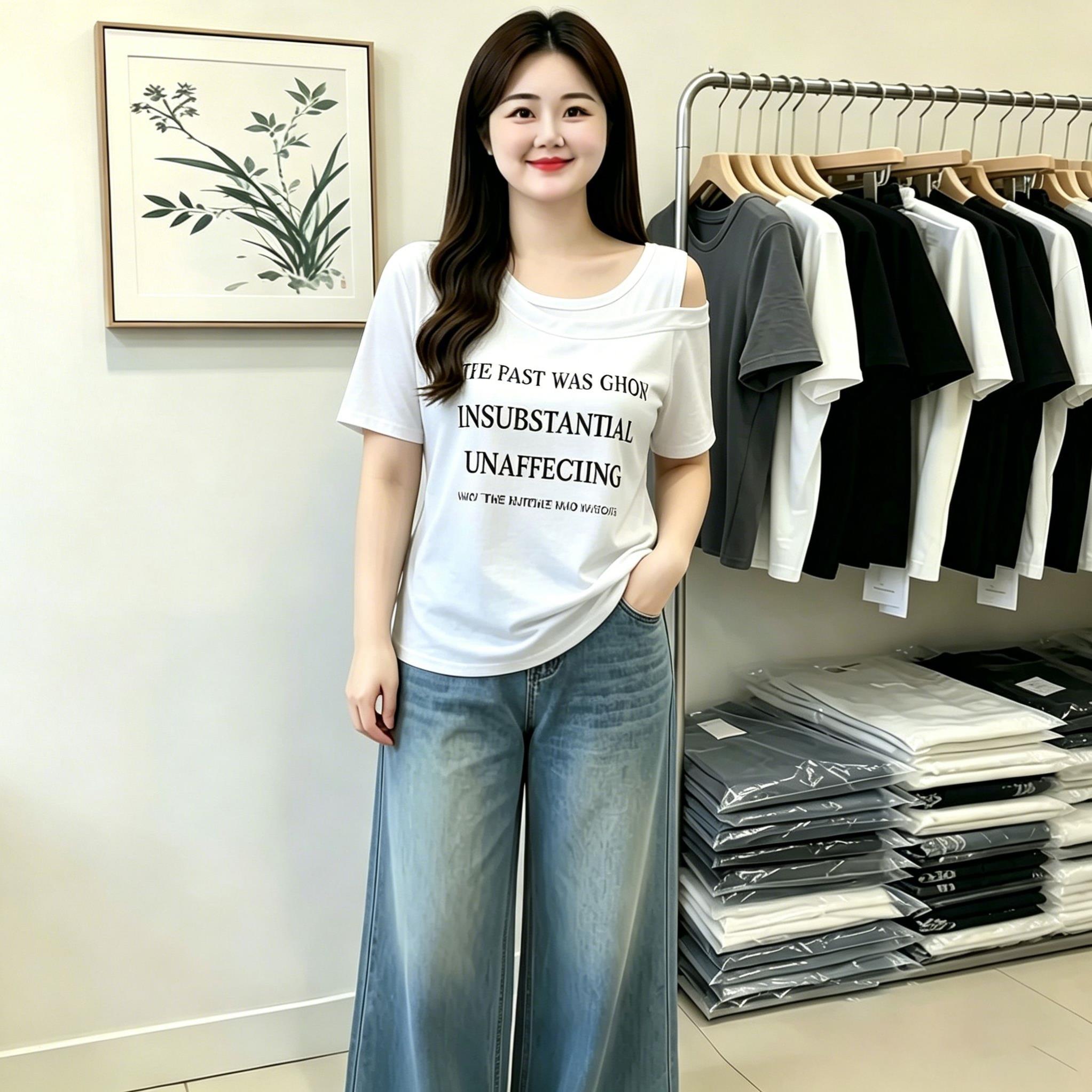 韩系ins风灰色假两件短袖T恤女夏季设计感小众宽松显瘦斜露肩上衣