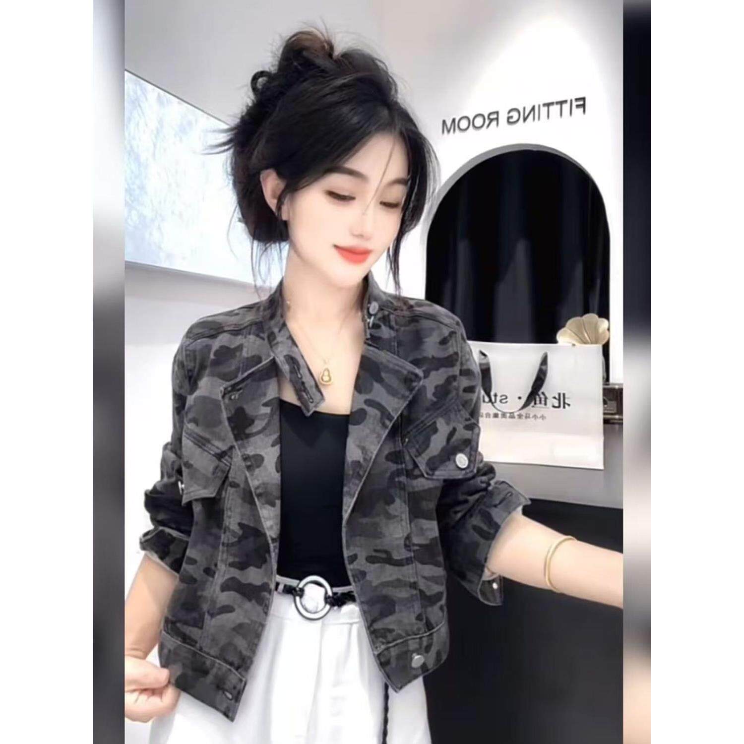 美式复古炸街迷彩外套 秋季新款欧货爆款 时尚减龄牛仔上衣