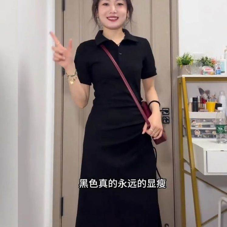 赫本风黑色polo连衣裙子女装夏季2025新款高级感气质收腰短袖长裙