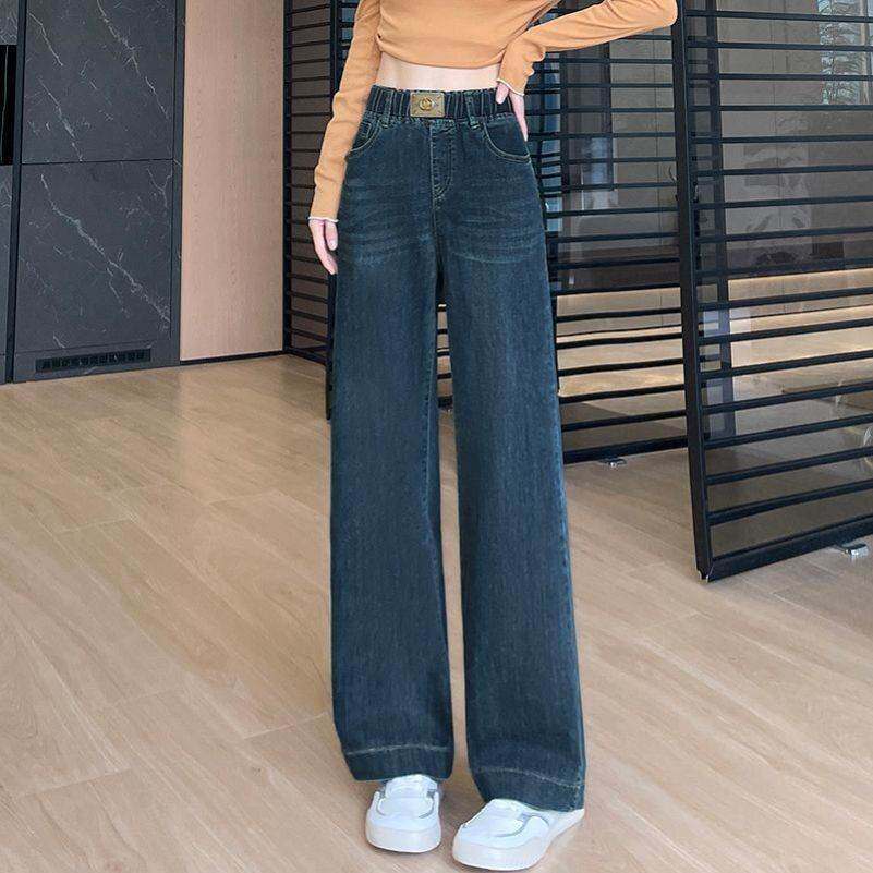 松紧腰直筒牛仔裤女春秋新款高腰弹力宽松显瘦小个子九分阔腿裤子