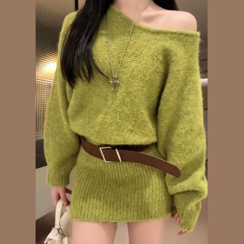 韩系灰色长袖针织连衣裙子女2025秋冬季新款辣妹修身毛衣包臀短裙