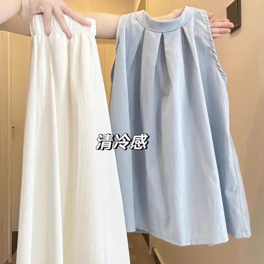 韩系清新套装女夏季圆领褶皱蓝色无袖上衣搭配宽松阔腿裙裤两件套