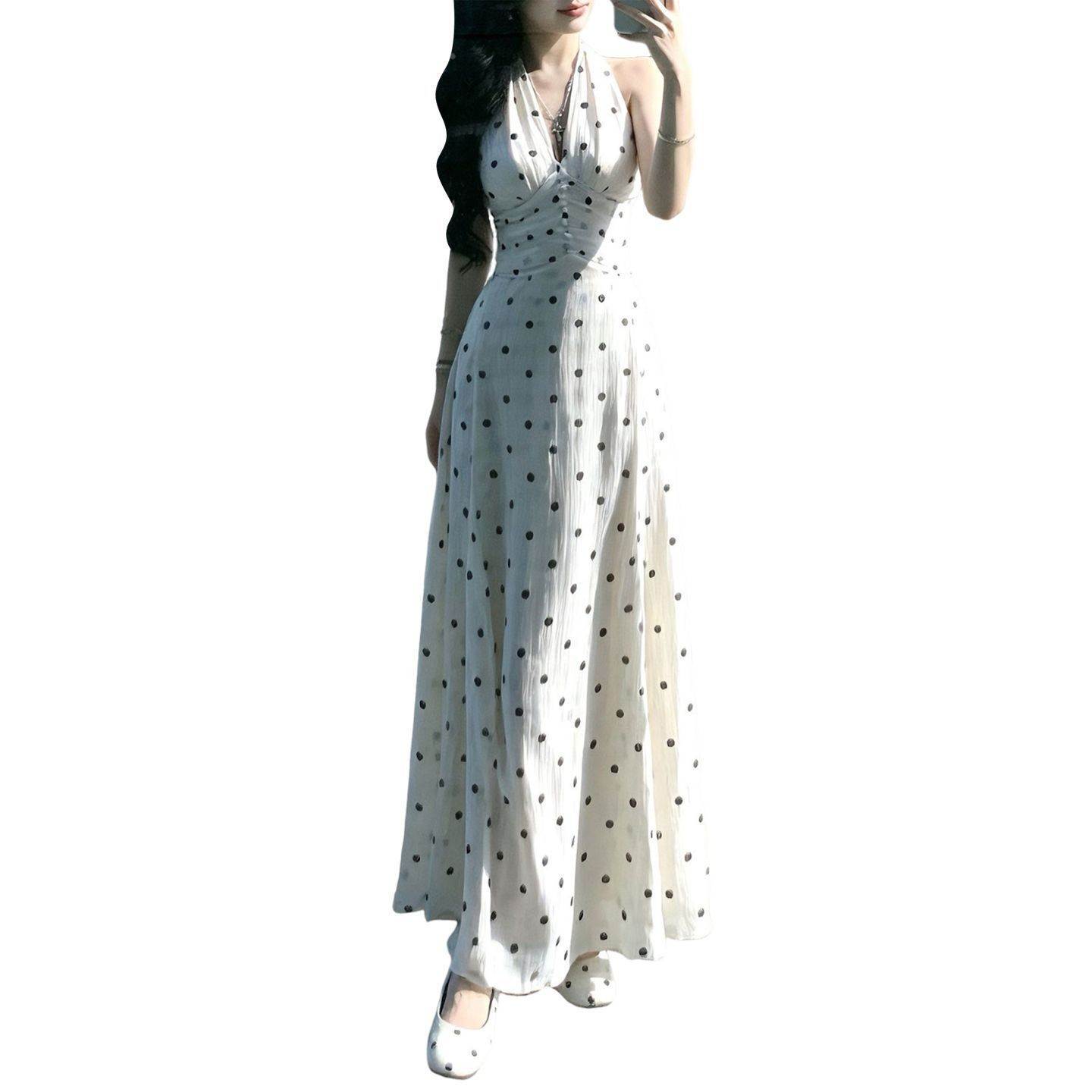 漂亮绝美挂脖波点白色连衣裙子女夏季2026新款法式巨好看长裙