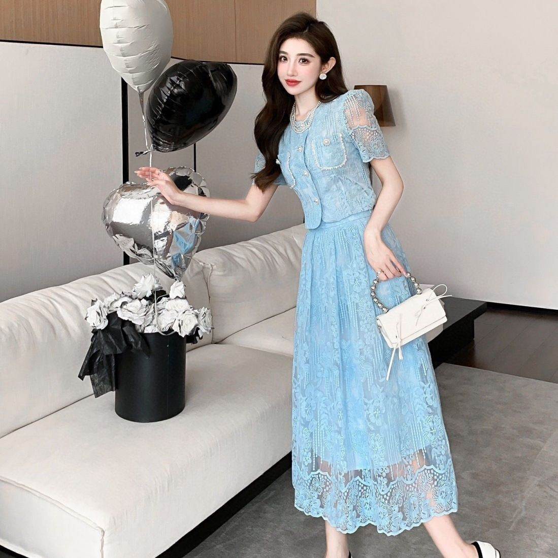 小香风绝美气质夏季2024新款钉珠水溶蕾丝上衣+高腰大摆中裙套装