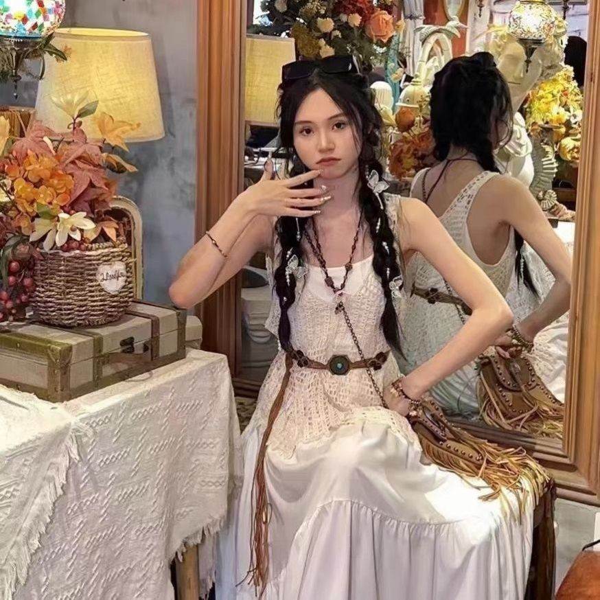 法式设计感气质高腰吊带连衣裙时尚套装女夏季镂空无袖罩衫两件套