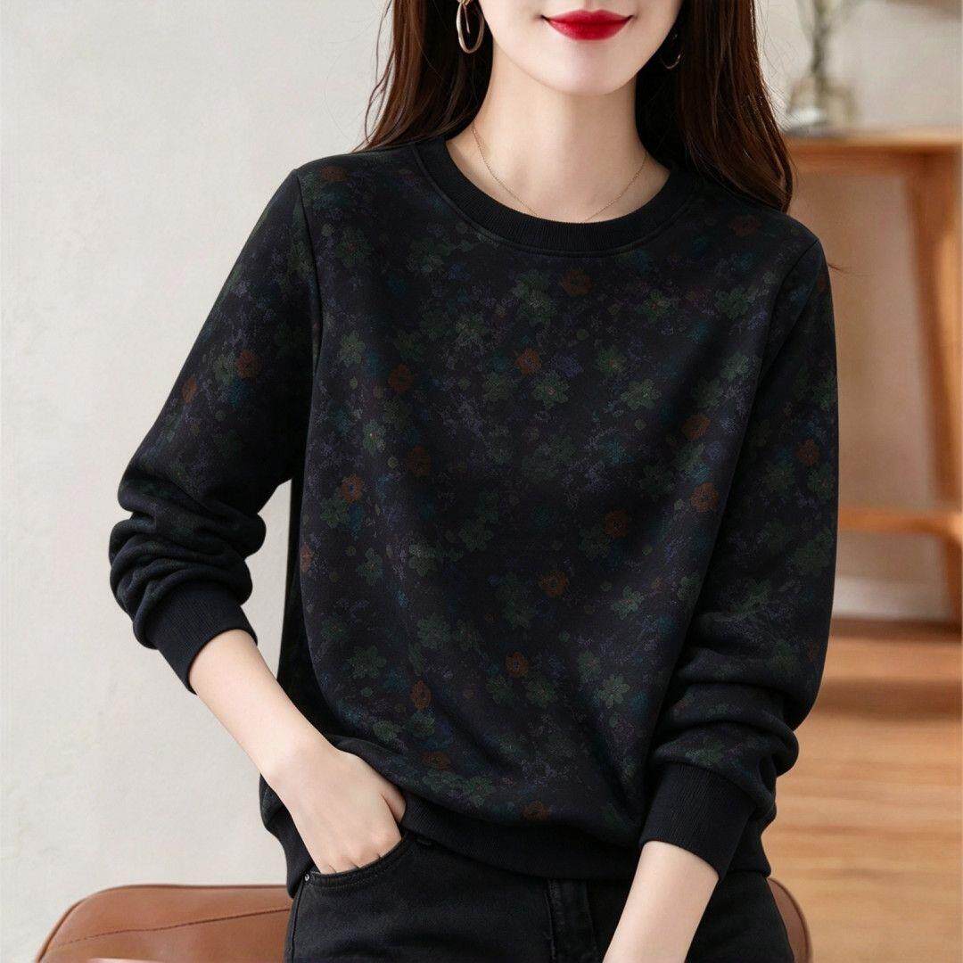 高级小碎花印花圆领卫衣女春秋新款大码宽松显瘦女装百搭外穿上衣