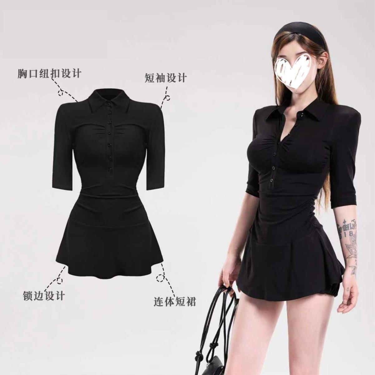 韩版辣妹风黑色收腰衬衫连衣裙女夏季polo领修身显瘦中袖包臀短裙