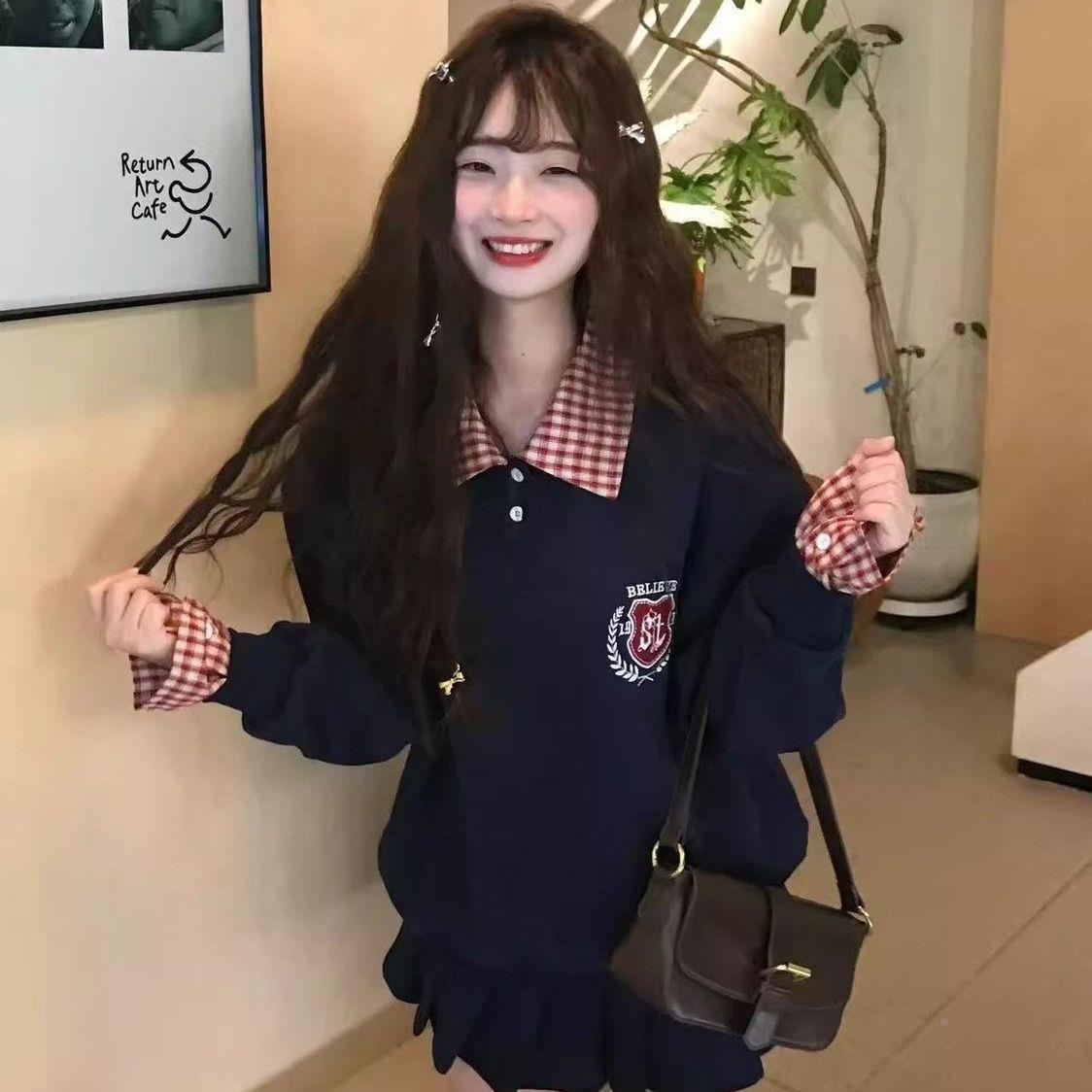 美式学院风格子拼接刺绣POLO领卫衣女秋季新款休闲宽松上衣