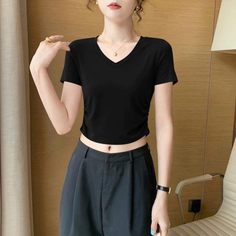 灰色莫代尔v领短款短袖t恤女夏2026新款正肩薄款修身露脐半袖上衣