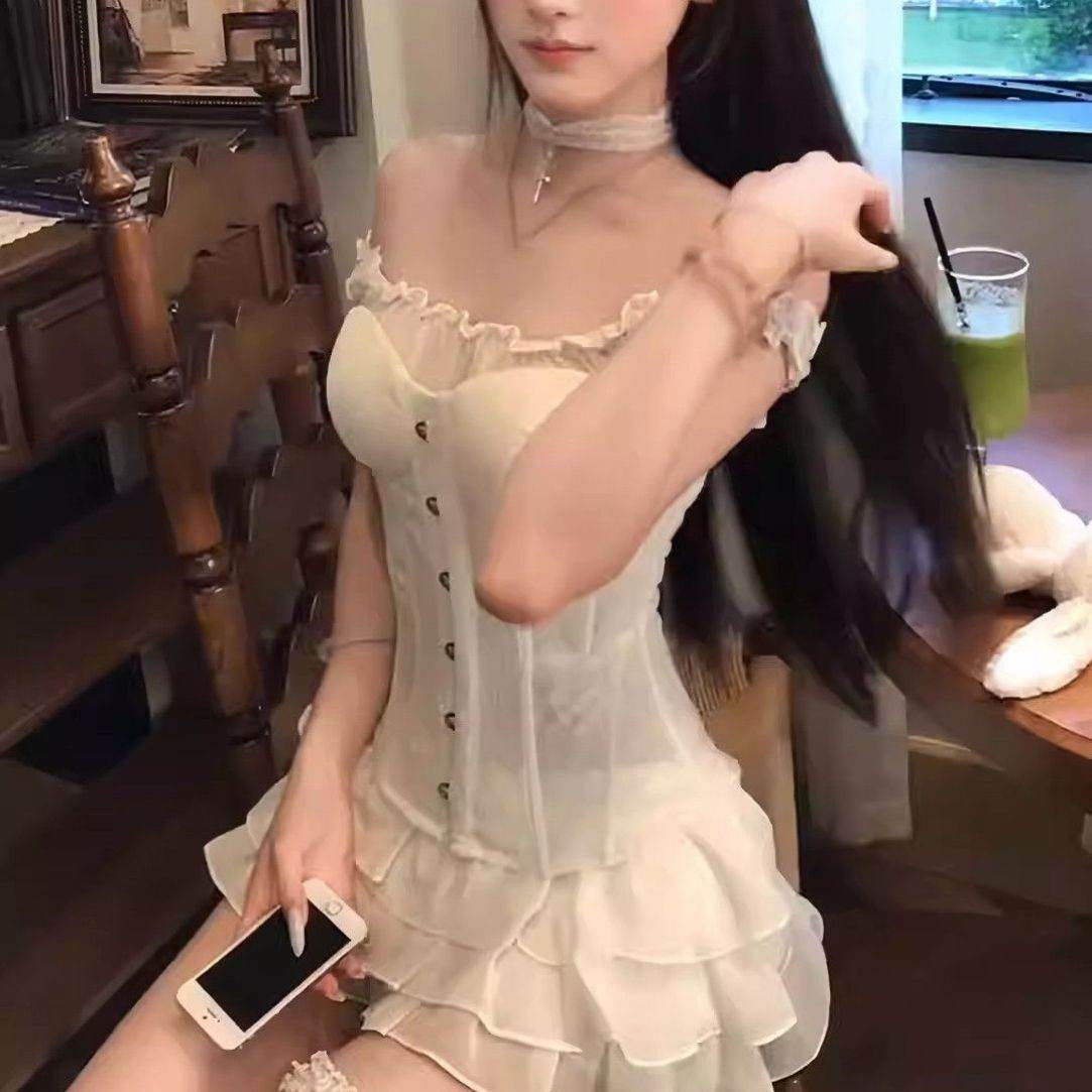 微胖72变/ 胖mm纯欲风一字肩鱼骨抹胸上衣女2026辣妹蛋糕半裙套装