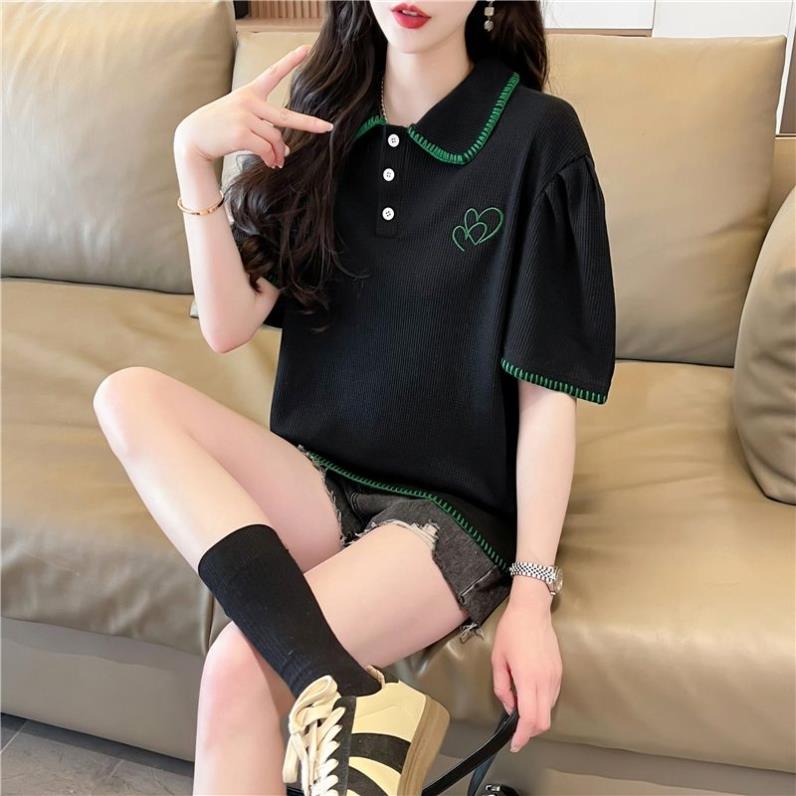 新款多巴胺学院风小众甜美洋气上衣夏季韩版宽松polo领短袖t恤女