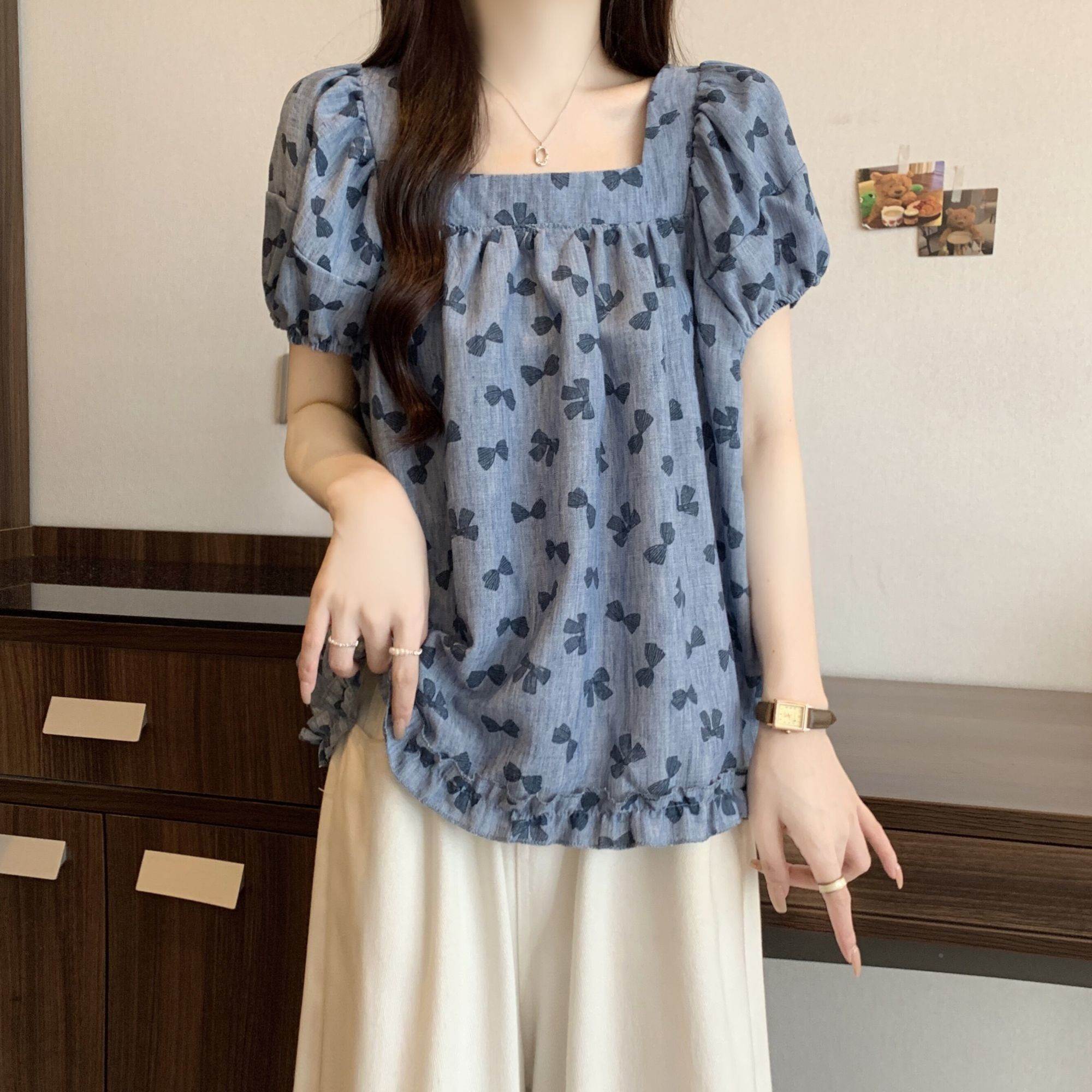 法式泡泡袖蝴蝶结印花短袖衬衫女夏季大码胖mm遮肚别致娃娃衫上衣