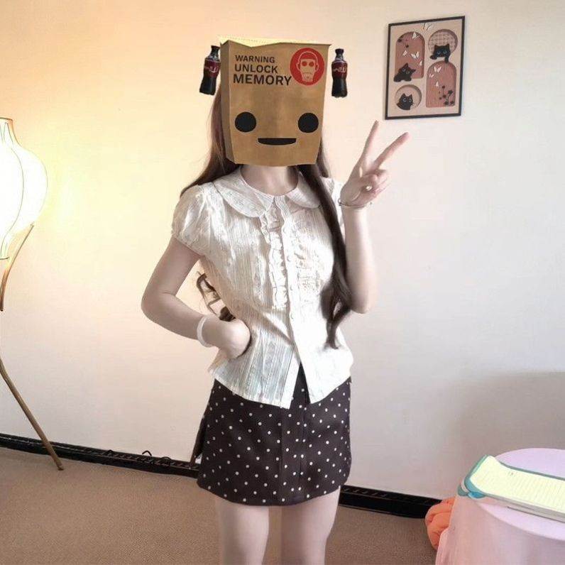 两件套装/复古法式耳边碎花女娃娃领短袖衬衫漂亮上衣+波点半裙女