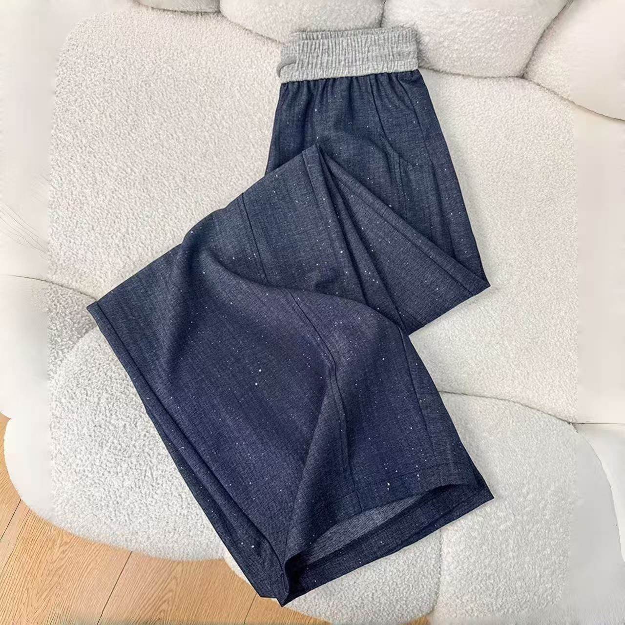 撒金星亮片弯刀牛仔裤女春夏新款宽松大码高腰显瘦休闲裤