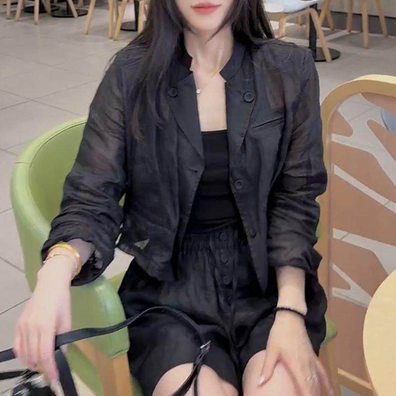高级感正肩轻薄防晒衬衫外套 夏季新款大码宽松显瘦 黑色小西装上