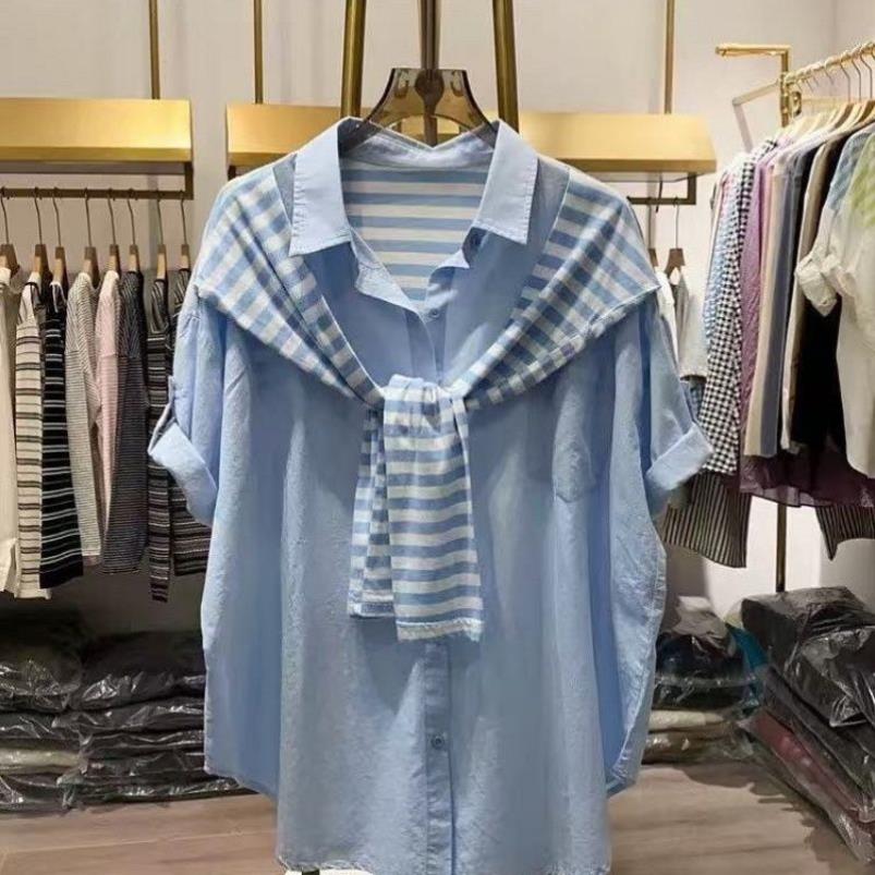 胖妹妹时髦个性假两件披肩条纹短袖衬衫女夏季韩版宽松卷边衬衣潮