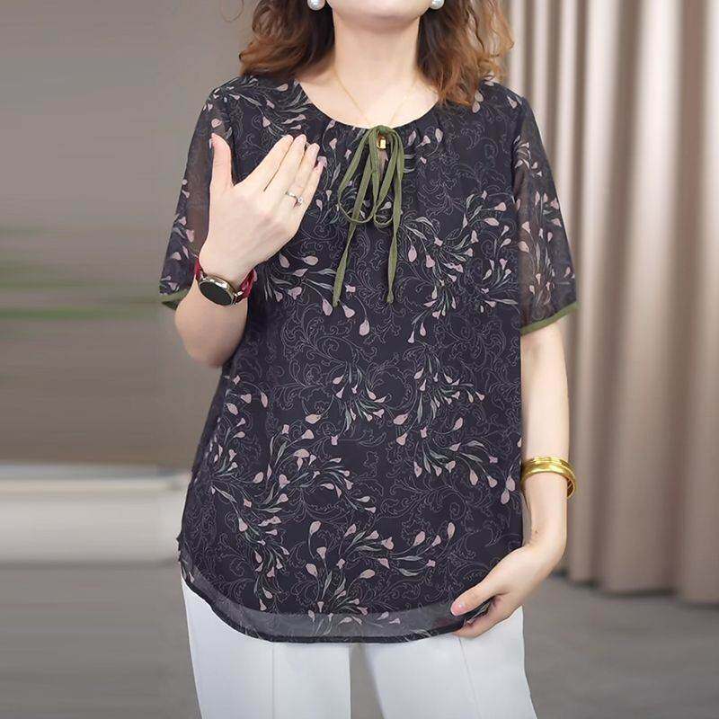 夏新大码女装胖mm薄款黑色碎花短袖雪纺衫端庄优雅遮肉减龄小衫女