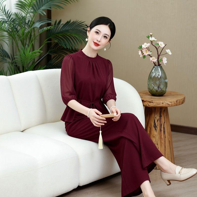 夏季中年妈妈纯色雪纺两件套显瘦优雅贵妇人圆领时尚裤子套装爆款