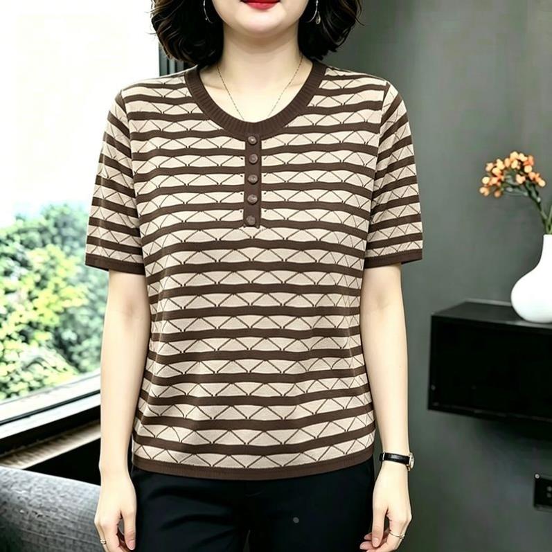 中老年妈妈夏装女薄款天丝针织短袖上衣条纹宽松大码遮肚T恤小衫