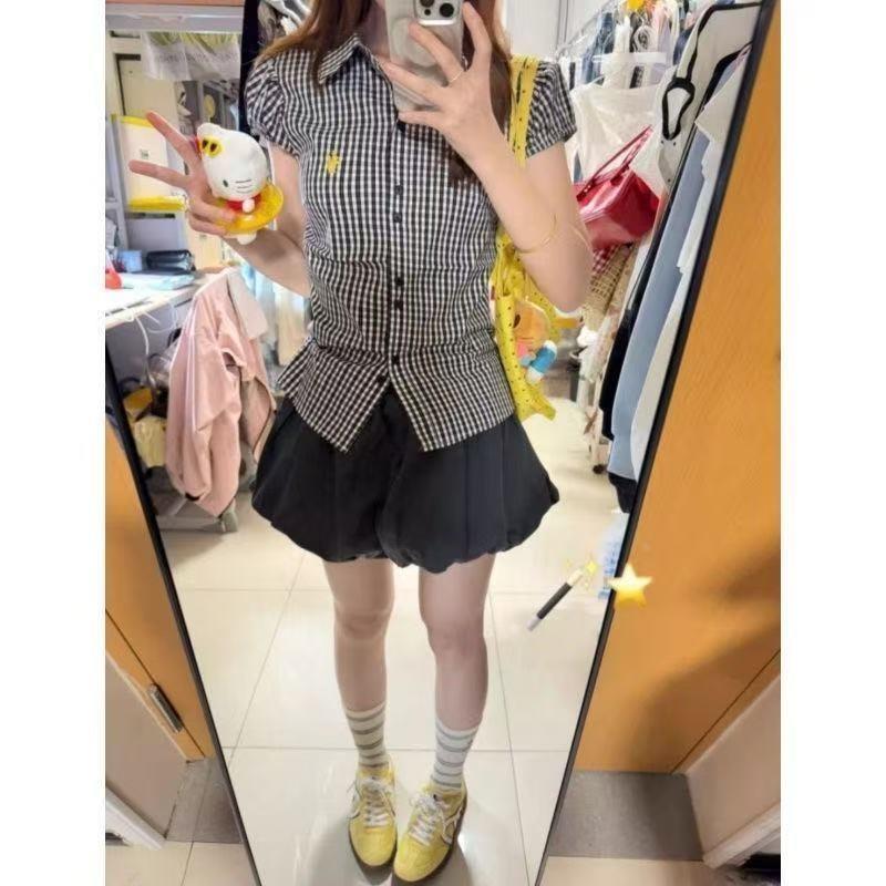 复古少女格子套装夏季收腰短袖衬衫黑色花苞裤裙两件套短裙小个子