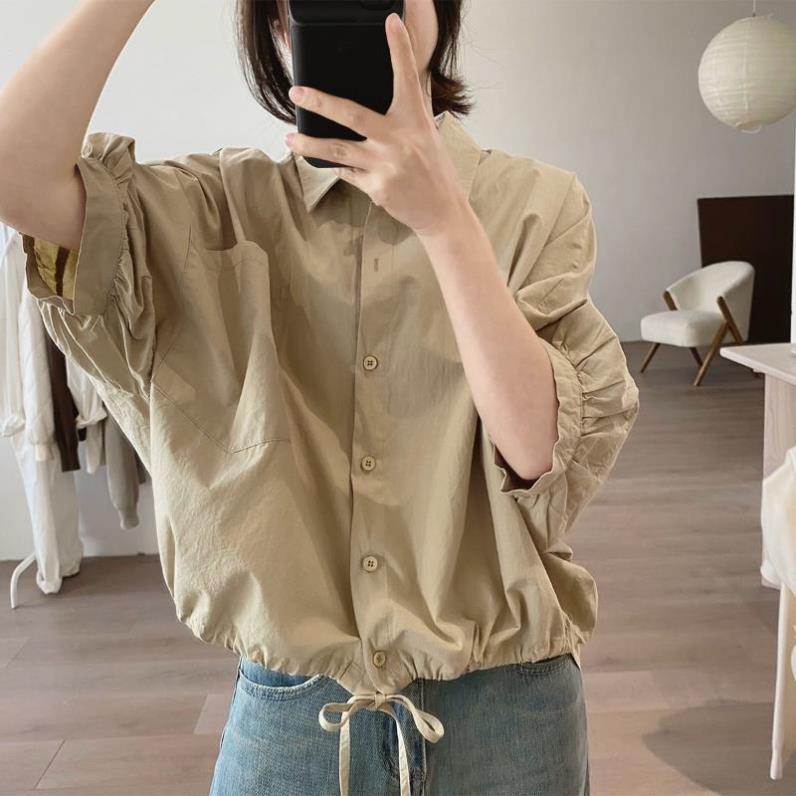 棉质衬衫女夏季新款宽松大码显瘦韩版简约小众设计感短款减龄上衣