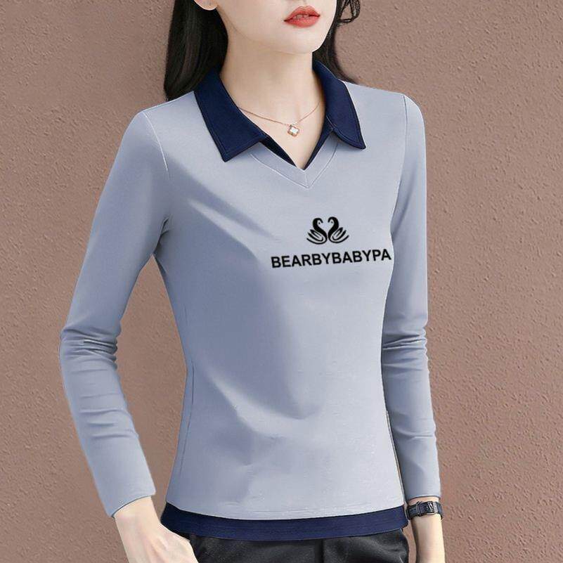 棉质正肩百搭卫衣女 2026春秋休闲假两件 翻领印花显瘦长袖上衣