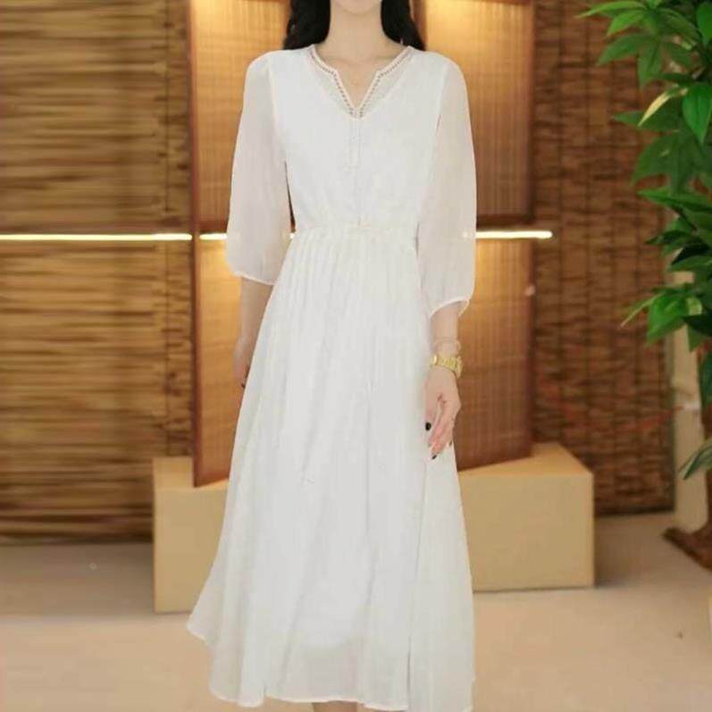 新中式连衣裙女 2026新款纯色收腰显瘦 白色雪纺长裙