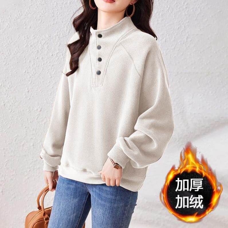 过年红色加绒加厚立领卫衣 女秋冬2026新款 大码宽松减龄套头上衣