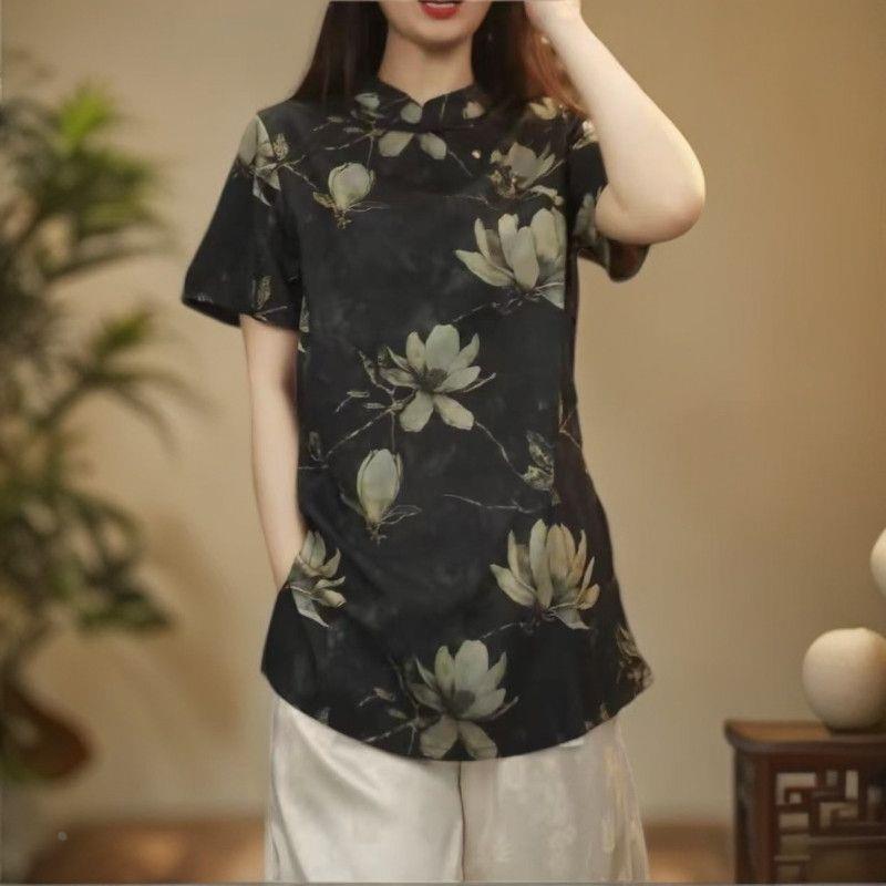 新中式网红老料提花中长款奥黛立领短袖上衣小衫2025新设计正品