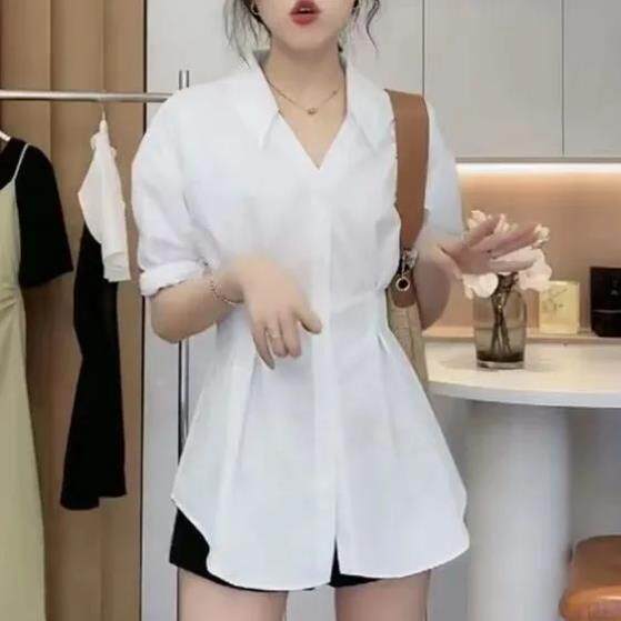 2026春季新款收腰显瘦白色衬衣女褶皱中长款V领长袖衬衫休闲上衣