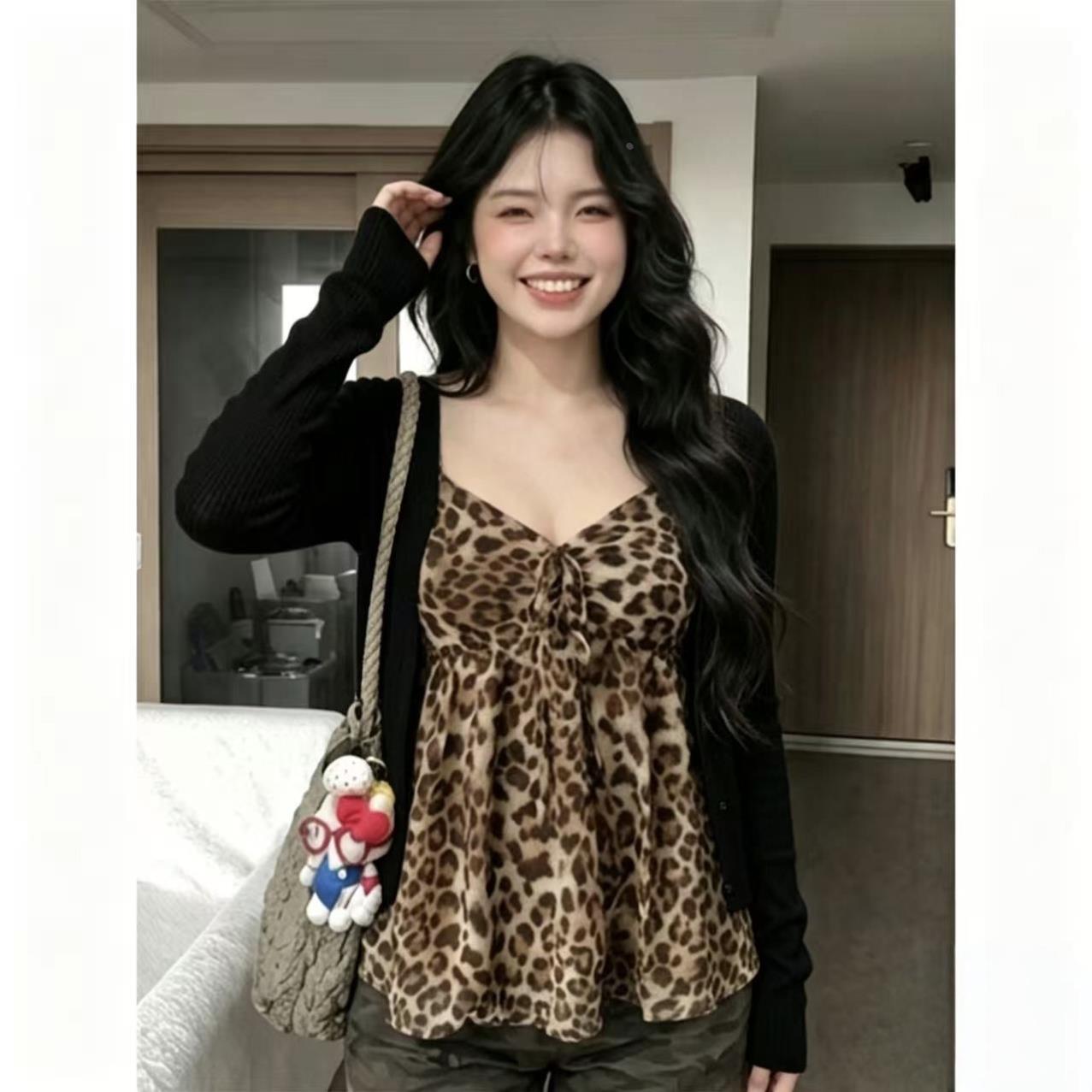 大码辣妹风豹纹吊带两件套胖mm夏季外搭防晒开衫显瘦V领收腰上衣