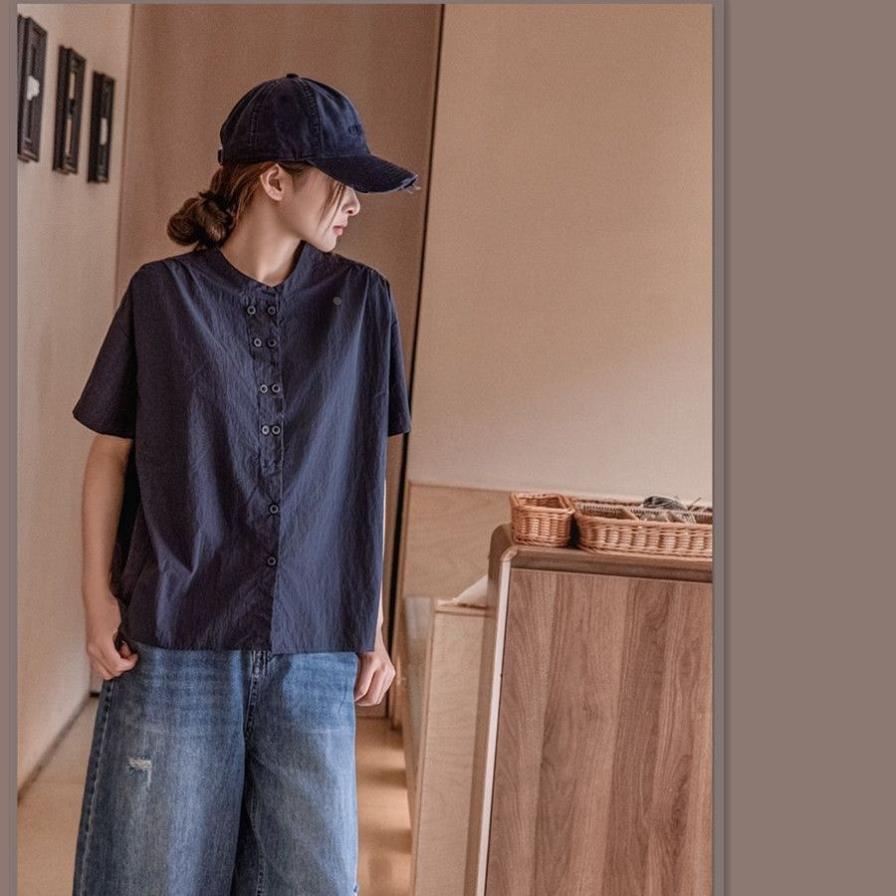 夏季新款酒红色立领棉质宽松短袖开衫纯色薄衬衣女文艺复古设计感