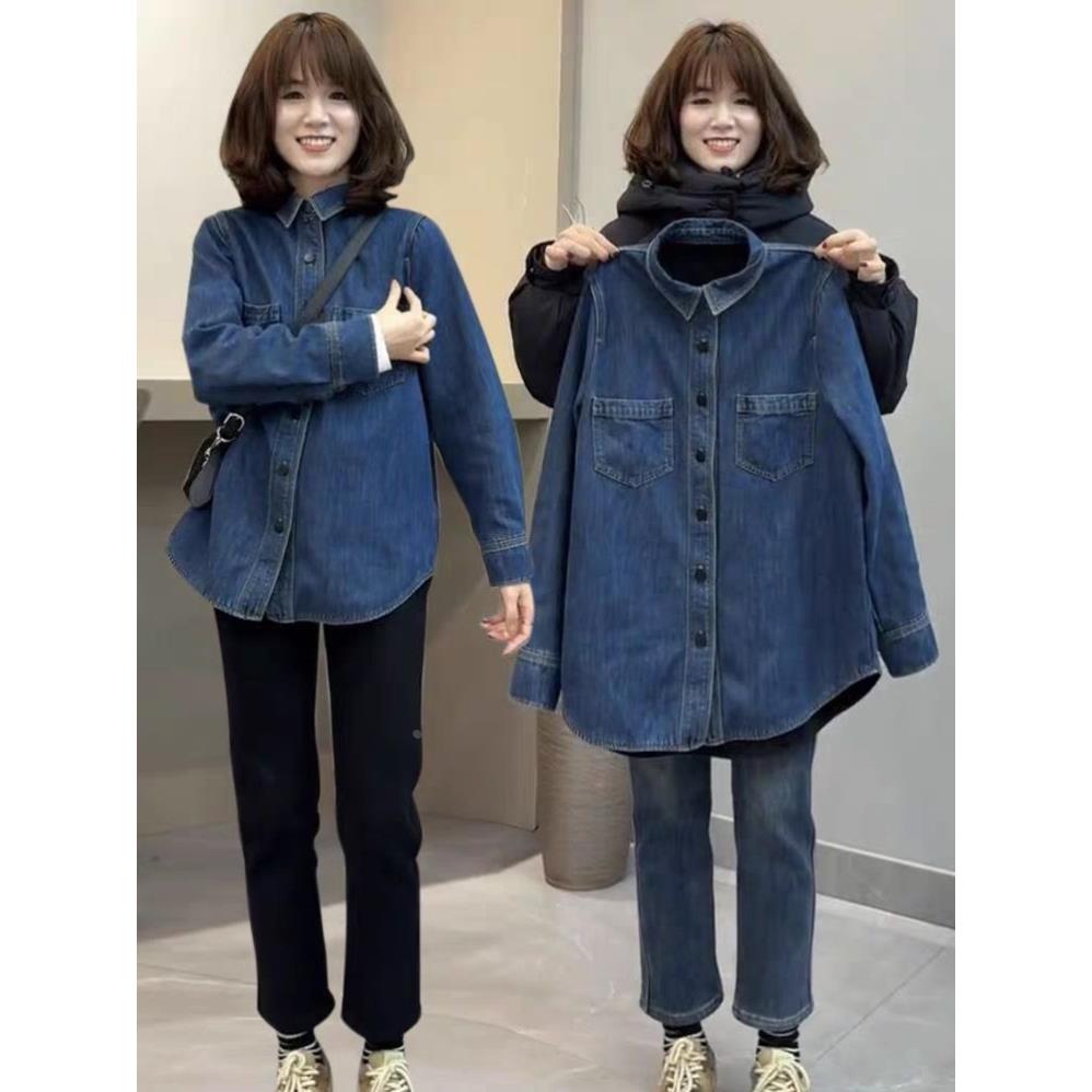 加绒加厚牛仔衬衫女春秋冬时尚宽松百搭衬衣韩版休闲显瘦上衣外套