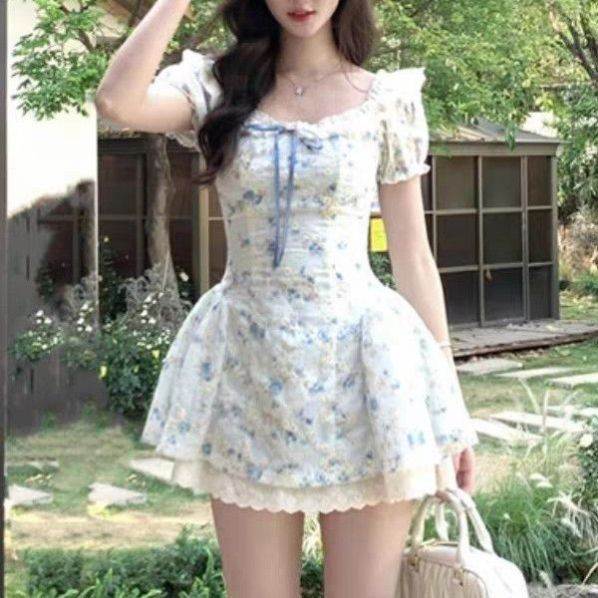 甜美法式蝴蝶结气质绣花连衣裙新款夏季收腰蕾丝显瘦短裙