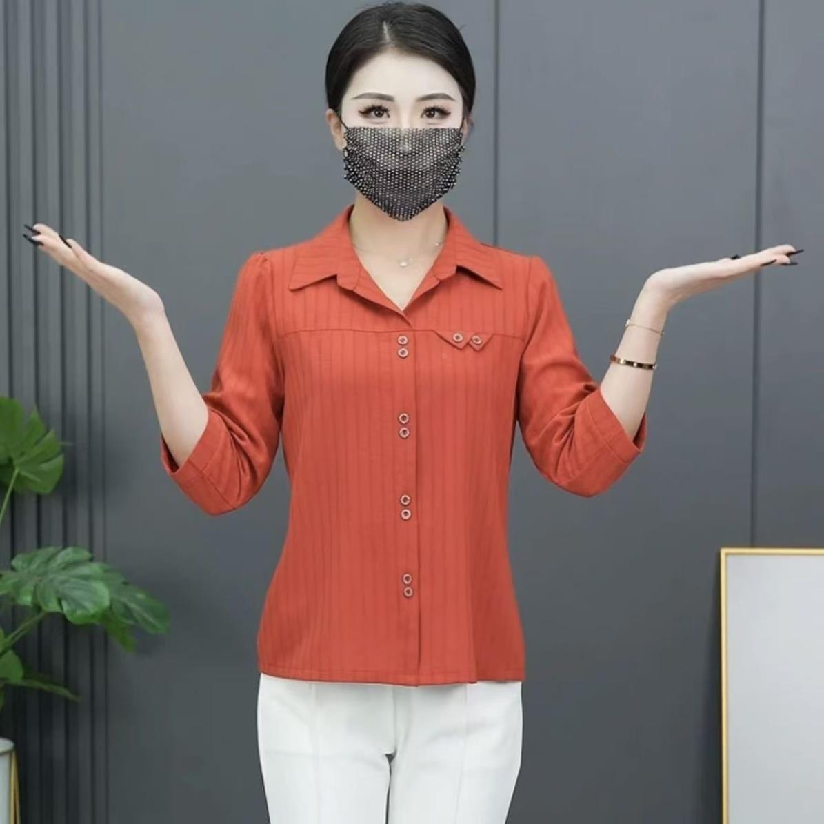 七分袖衬衫开衫女妈妈装显瘦时尚纯色韩版衬衣中老年上衣2026春季